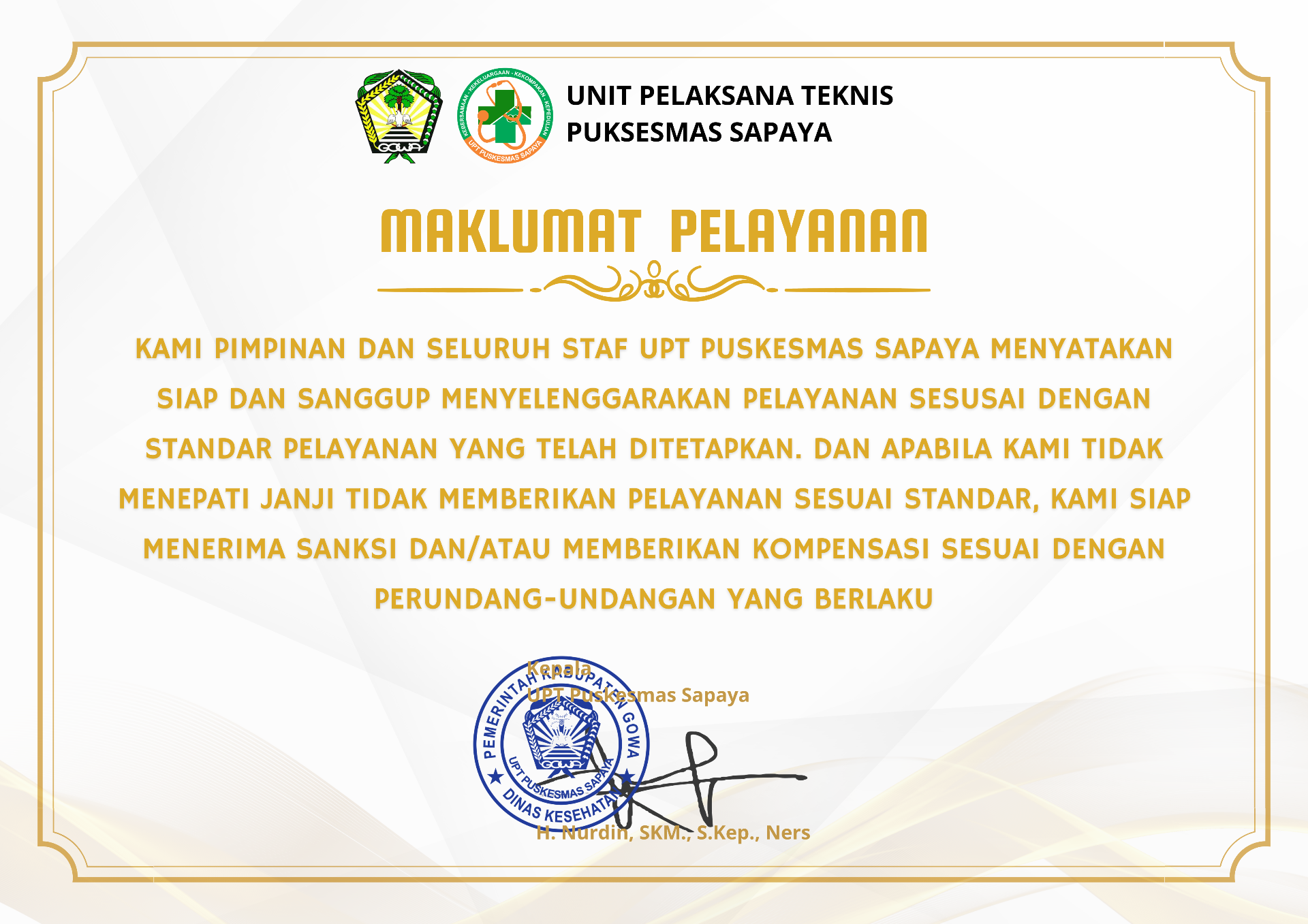Maklumat Pelayanan UPT Puskesmas Sapaya